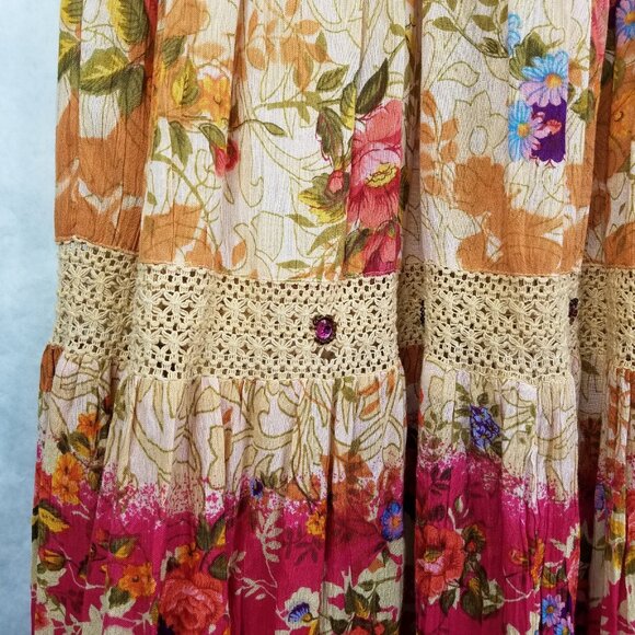 Forbidden Maxi Broom Skirt Womens L Floral Crochet Beads Tiered Orange Pink Boho - Picture 2 of 11